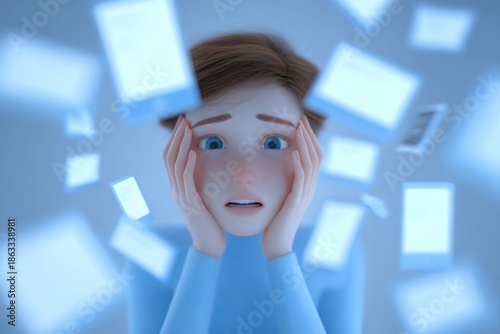 Teen girl with brown hair, overwhelmed by floating screens and digital content, expressing anxiety and stress in a modern, chaotic environment with copy space