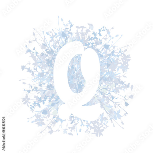 Easter, spring family floral monogram in pastel colors. White letter Q on white background