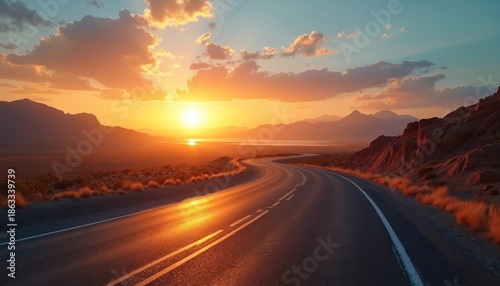 Curving desert highway at sunset. Orange sun low on horizon, mountains in distance. Road reflects golden light, dry grass lines pathway. Scenic landscape, travel route ahead, open space.