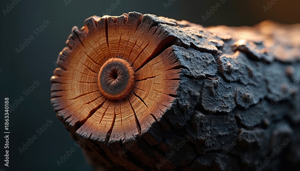 Obraz premium Close-up of weathered wood texture, showing tree rings and bark. Warm light illuminates natural patterns and cracks on the rough surface of the timber.