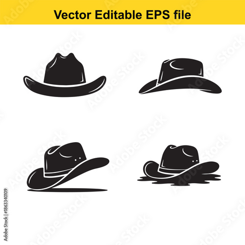 Four black cowboy hats