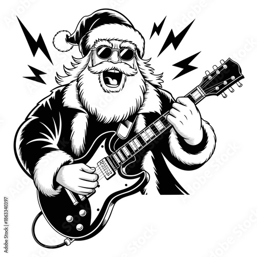 Santa shredding electric guitar - Great for holiday party posters, rock music branding, or edgy festive cards.