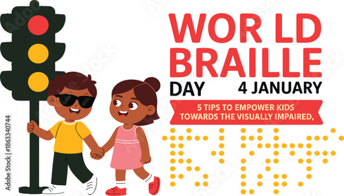 Children holding hands near traffic light celebrating Braille Day vector illustration EPS PNG file download.
