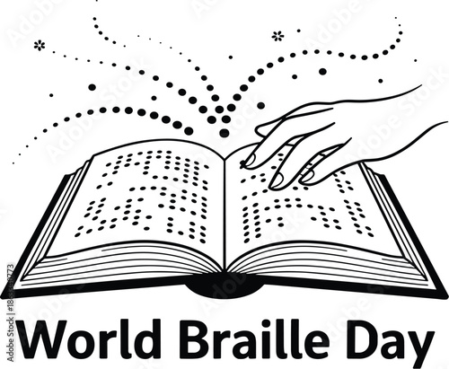 Open book with braille text and hands reading it for Braille Day vector illustration EPS PNG file download.

