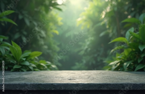 Stone surface with lush green jungle foliage background. Natural light filters through leaves. Perfect for product display, nature themes, or eco-friendly concepts.
