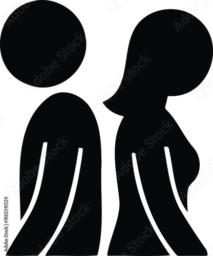 Man and woman silhouette standing back to back, relationship conflict concept icon, black vector
