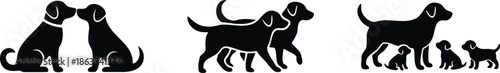 Dog silhouettes set with puppies, walking running sitting dogs, black vector icons EPS