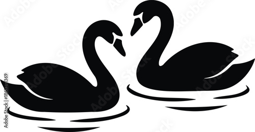 Two swans in love silhouette on water, romantic bird couple vector EPS