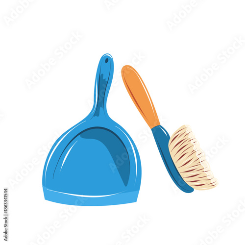 Dustpan with hand brush for sweeping dirt. Hand drawn vector illustration isolated on white, ideal for household cleaning, daily chores, home maintenance and cleaning service visuals.
