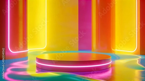 A vibrant, futuristic 3D-rendered scene with a glowing yellow podium on a wavy, iridescent floor, surrounded by colorful neon-lit cylindrical columns in pink, orange, and yellow hues
