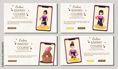 Set of modern baking course banners with female baker characters and dessert illustrations. Online pastry lessons, cooking classes, food education promotion, website headers and social media ads.