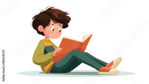 Young Boy Reading Book Vector Illustration with Outline on White Background