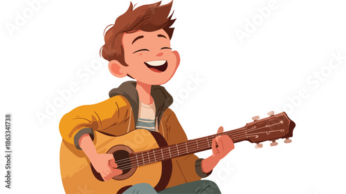 Young Boy Singing and Playing Guitar Isolated on White Background