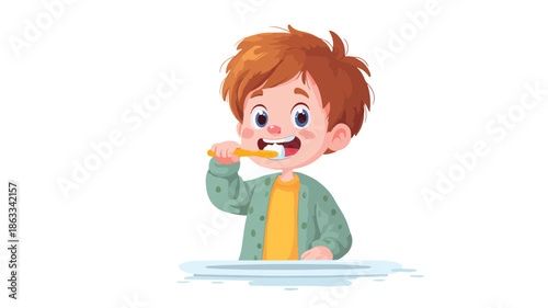 Young Child Brushing Teeth Vector Illustration with Outline on White Background
