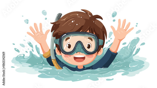 Adorable Boy Snorkeling and Waving Vector Illustration on White Background