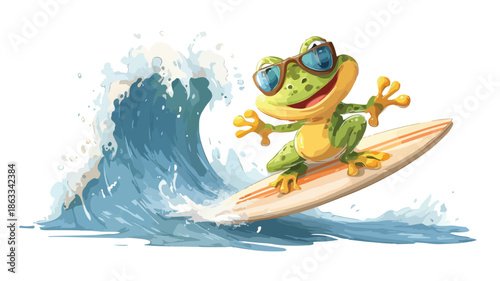 Adorable Frog Cartoon Surfing on White Background Vector Illustration