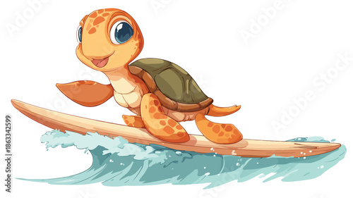 Adorable Turtle Surfing Cartoon on White Background Vector Illustration