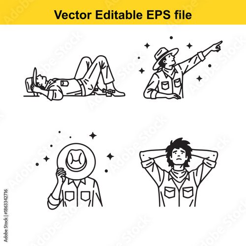 Four illustrations of relaxed cowboys