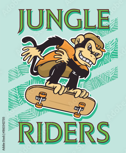 Illustration of a monkey riding a skateboard combined with text.