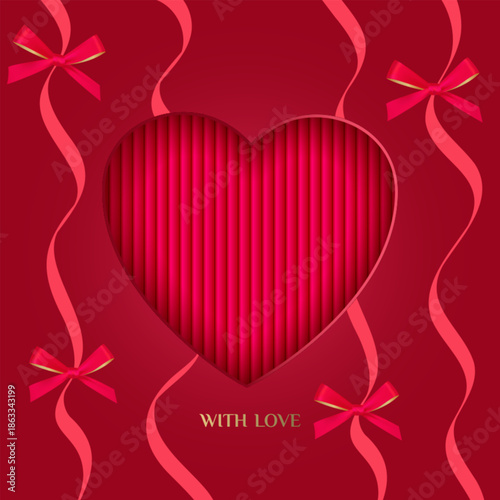 Happy Valentine s Day A paper cutout heart on a red gradient background, done in a paper appliqu style. Bow decoration. Vector illustration.