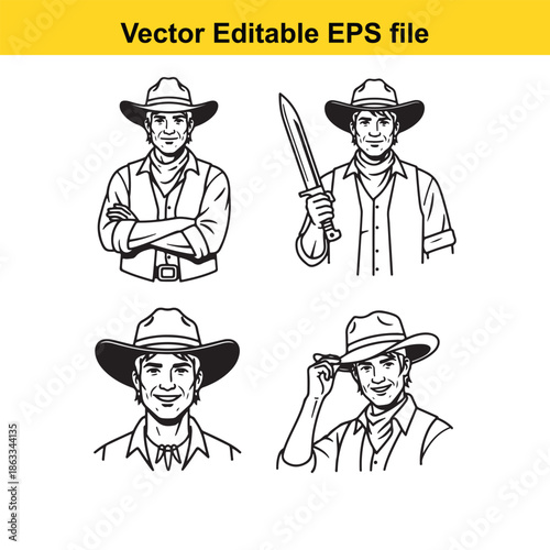 Four illustrations of a cowboy
