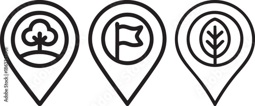 Location Pin Icons With Flower Flag And Leaf Nature Symbols In Clean Outline Style For Maps Apps Design