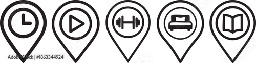Location Pin Icons With Clock Play Audio Bed And Map Symbols In Clean Outline Style For Apps Navigation Design