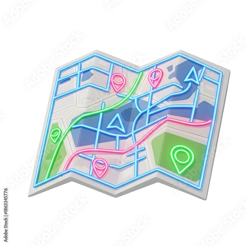 3D Render Folded City Map with Neon Blue, Pink, and Green Navigation Routes