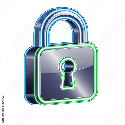 Metallic 3D Padlock Icon with Blue and Green Neon Outline