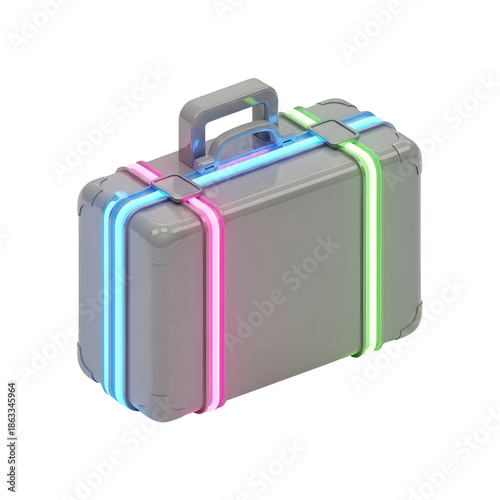 Isometric 3D Gray Briefcase with Neon Blue, Pink, and Green Light Strips Product Shot