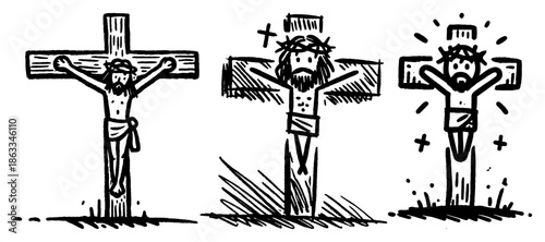 Jesus Christ crucifixion on cross set, religious christian faith symbol hand drawn sketch vector illustration