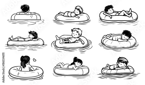 Set of children floating on inflatable swimming rings, summer pool water vacation sketch vector illustration