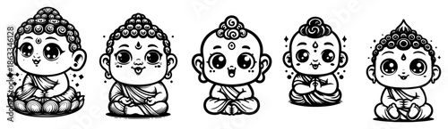 Cute little Buddha characters sitting in meditation, funny cartoon monk set sketch vector illustration