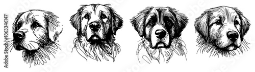 Golden Retriever dog head portraits, set of cute pet animal faces sketch vector illustration