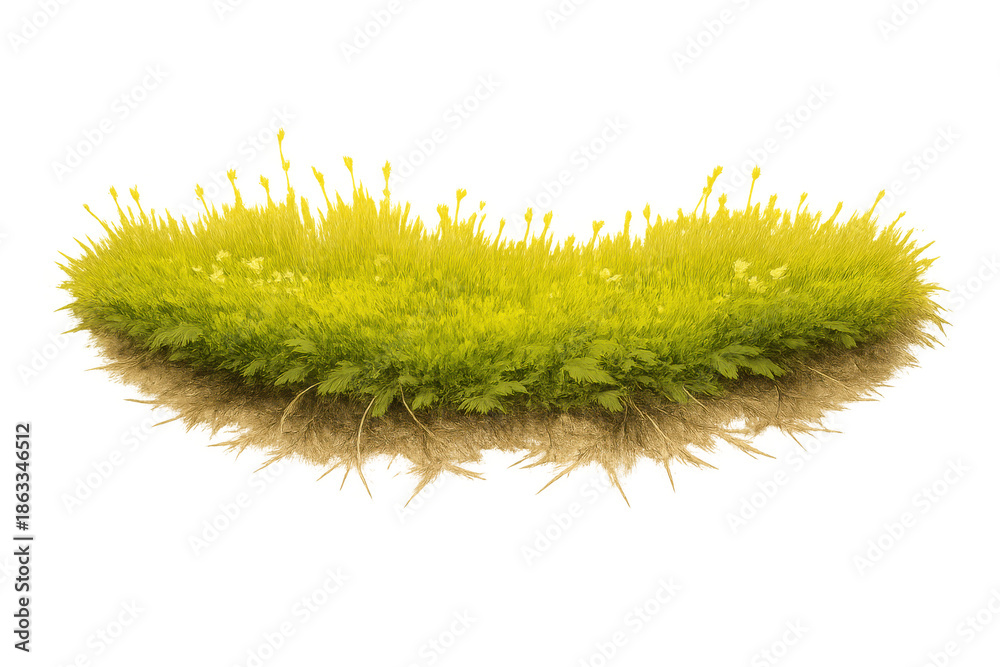 Fototapeta premium Lush green grassy island floating in air, featuring fertile soil, sprouting plants, and tiny moss details, transparent background