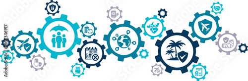 Travel insurance vector illustration. Blue concept with icons related to safe holiday / vacation travel - security & safety abroad - protection from risks like cancellation, medical emergency, theft.