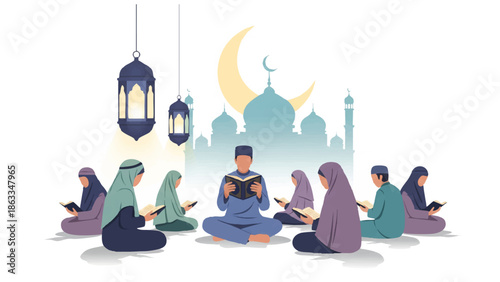 group reading Quran together with lanterns mosque crescent moon spiritual communal learning Islamic tradition
