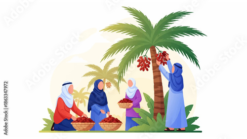date palm harvest scene with ladder baskets communal effort traditional agriculture outdoor greenery