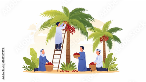 date palm harvest scene with ladder baskets communal effort traditional agriculture outdoor greenery