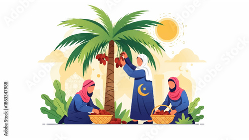date palm harvest scene with ladder baskets communal effort traditional agriculture outdoor greenery