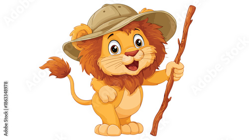 Cute Baby Lion Cartoon with Walking Stick and Hat