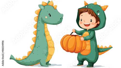 Cute Boy in Dragon Costume Holding Halloween Pumpkin Vector Illustration