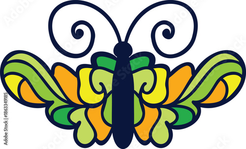 decorative swirl green yellow butterfly hand drawn vector illustration 2d flat isolated insect clipart design