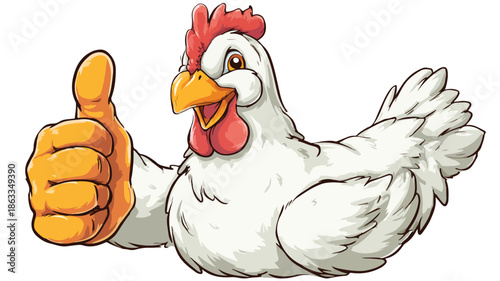 Smiling Cartoon Chicken Showing Thumbs Up on White Background