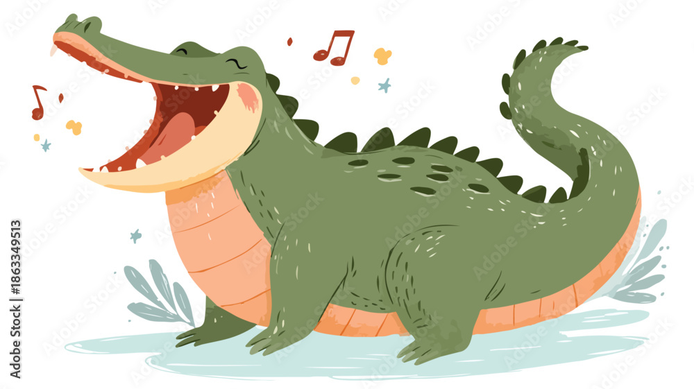 Obraz premium Cartoon Cute Crocodile Singing Vector Illustration with Outline Isolated on White Background