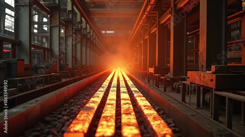 Red hot metal billets moving along a conveyor in industrial factory for steel production and heavy industry.