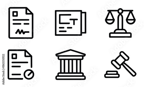 Black line icon set representing legal concepts, justice system, law documents, courthouse, and judicial tools