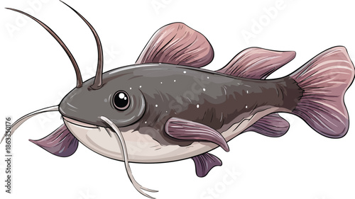 Adorable Cartoon Catfish Illustration on White Background with Outline for Design Projects