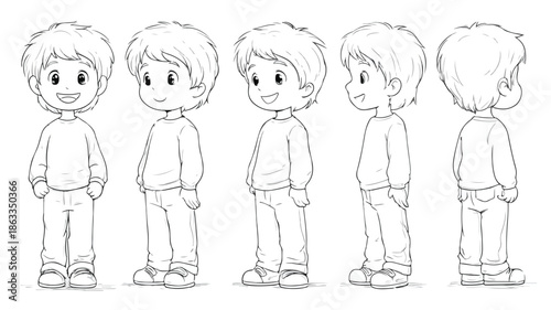 Smiling Happy Boy Vector with Outline Character Isolated on White Background