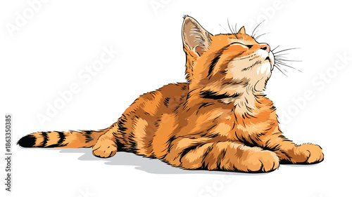 Adorable Sitting Kitten in Outline Vector on White Background